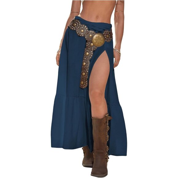 Women's Deep Blue Western Low Rise Maxi Ruffle High Slit Cowgirl Skirts